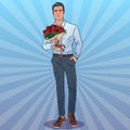 Attractive man with bouquet. Man goes on a date.